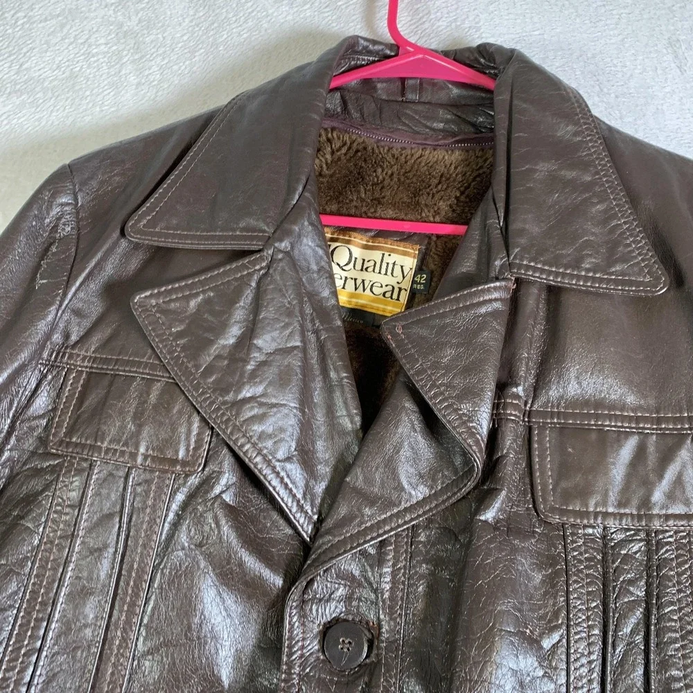 Vintage Montgomery Ward Jacket Mens 42‎ Brown Leather Car Coat Sherpa 70s 80s